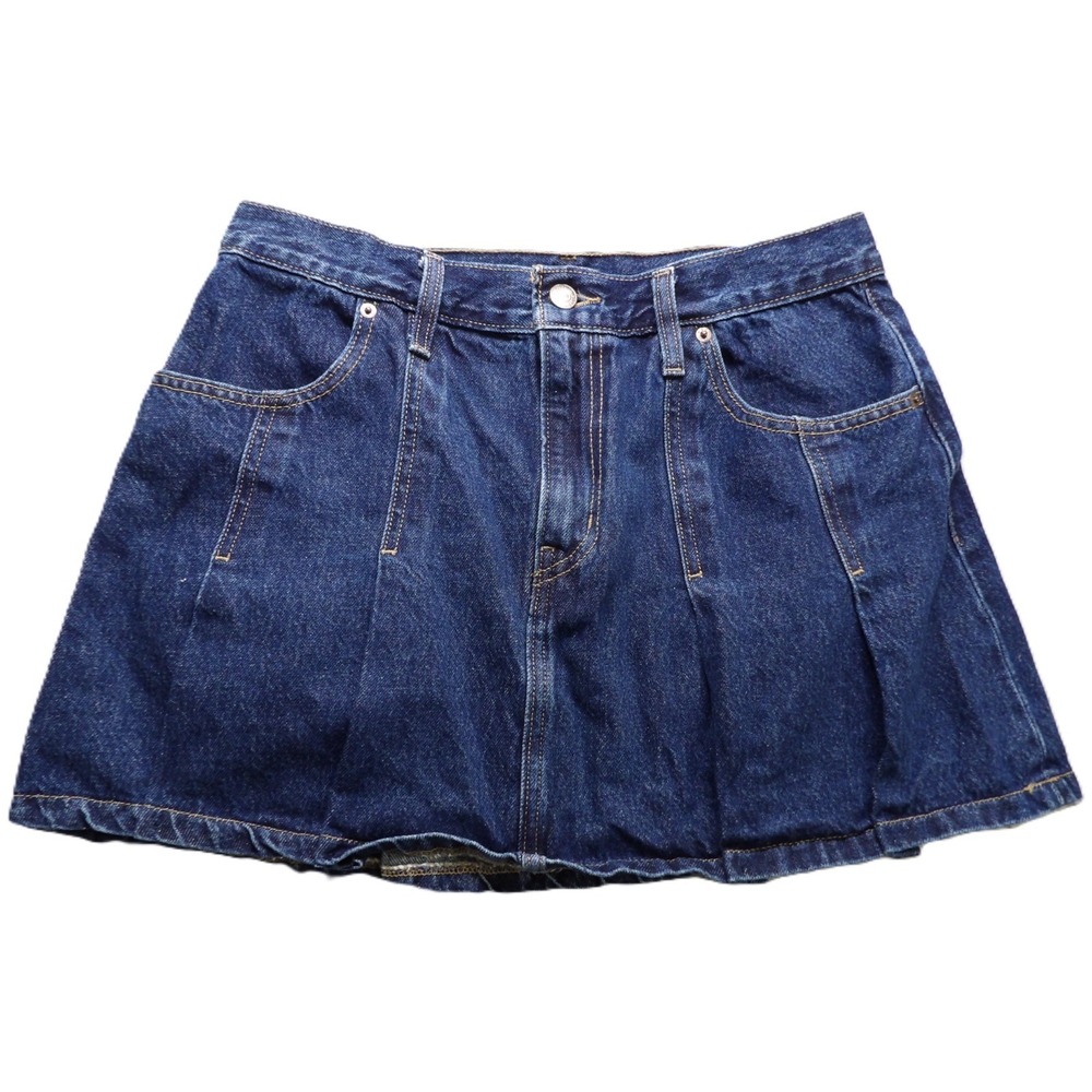 Levi's Pleated Mini Skirt Flared 100% Cotton Denim Jean Women 30 Dark Blue Skate